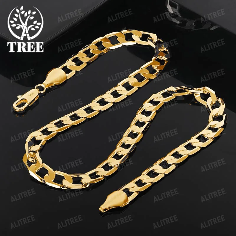 

ALITREE 18K Yellow Gold Men 10mm Cuban Chain Necklaces For Woman Fashion Party Wedding Birthday High Quality Charm Jewelry Gift