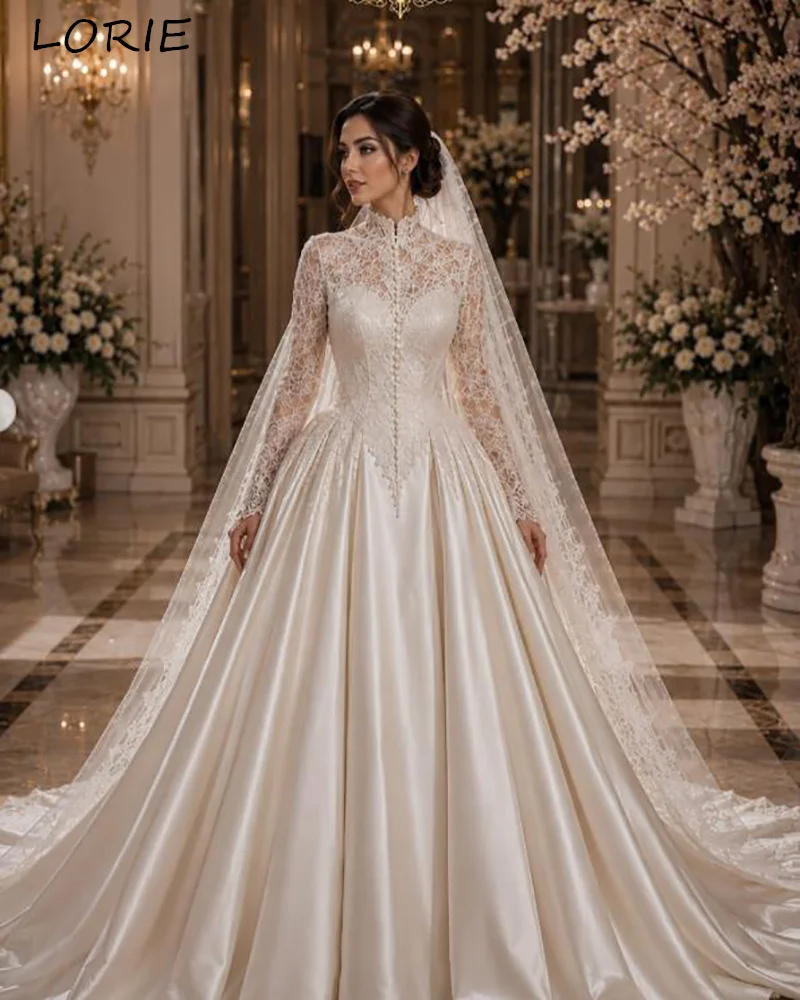 LORIE Lace Church Wedding Dresses for Women Long Sleeve High Neck Bridal Gown A-Line Bride Dress Customized Formal Club Dress