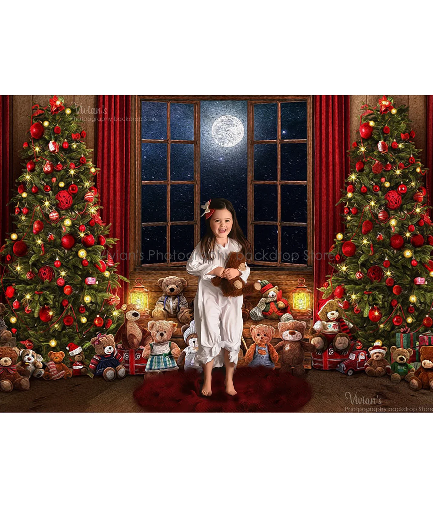 Toile de fond de photographie de Noël pour enfants, portrait d'enfant, ours, bannière de festival, grande lune, plancher en bois, studio photo de bébé