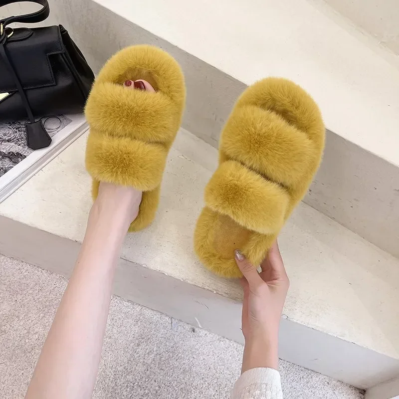 

Slippers Women's Home Slippers Women's Flat Shoes Female Lady Fur Flip Flops Slides Soft Plush Cotton Indoor Winter Zapato Mujer