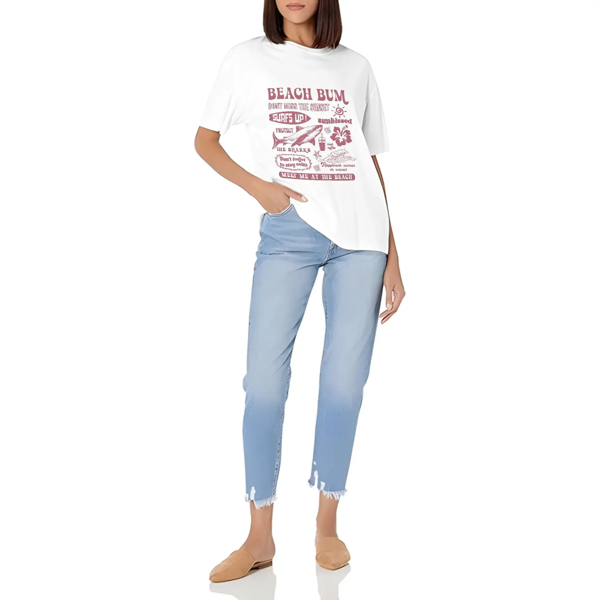 Printed Colored T Shirt Stylish With Minimalist Design Casual Versatile INS Style Beach Bum Surfing Shark Flower Sunset Graphic