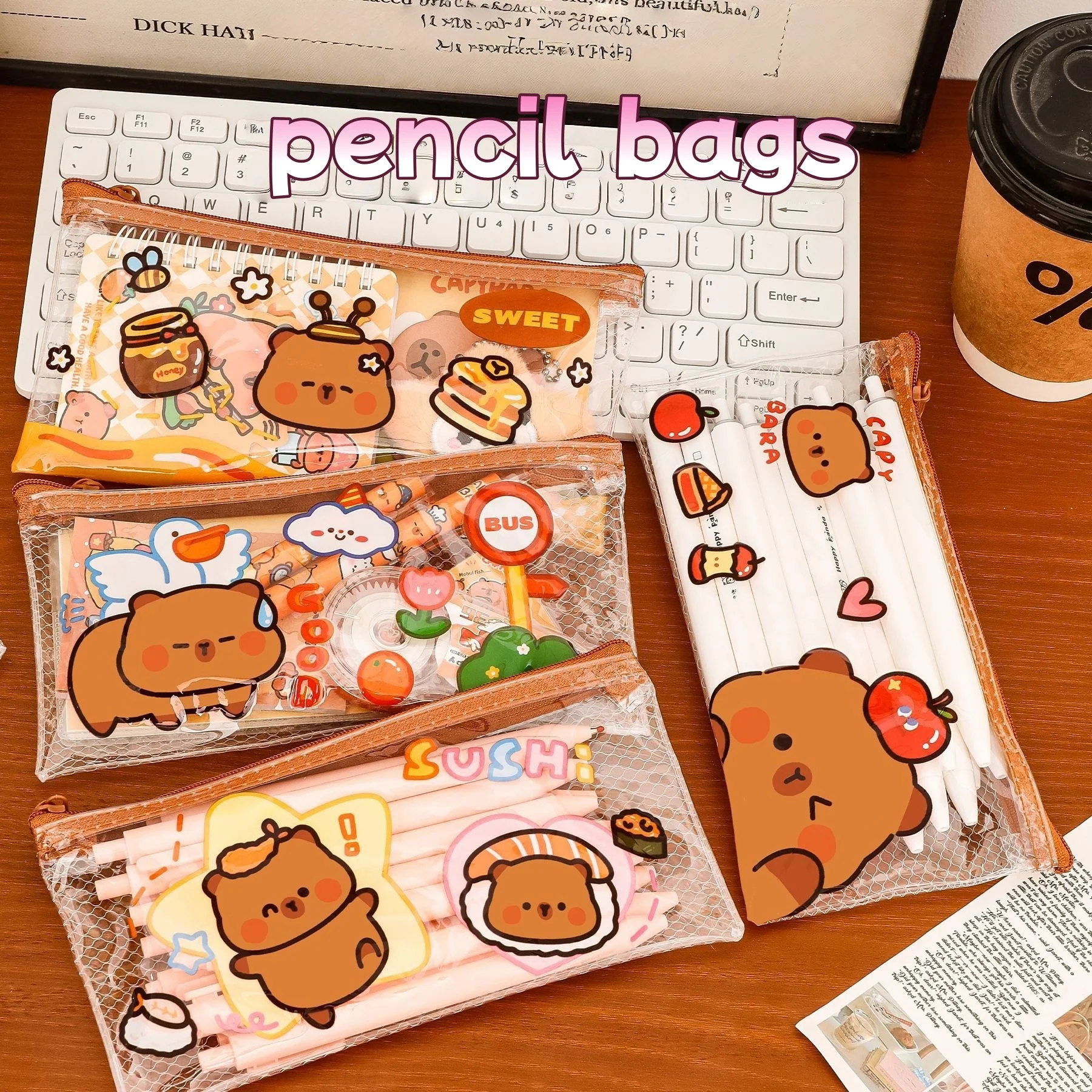 

Transparent PVC Multi-Use Pouch Cute Capybara for School Supplies Toiletries Leak-Proof Student Organizer Case