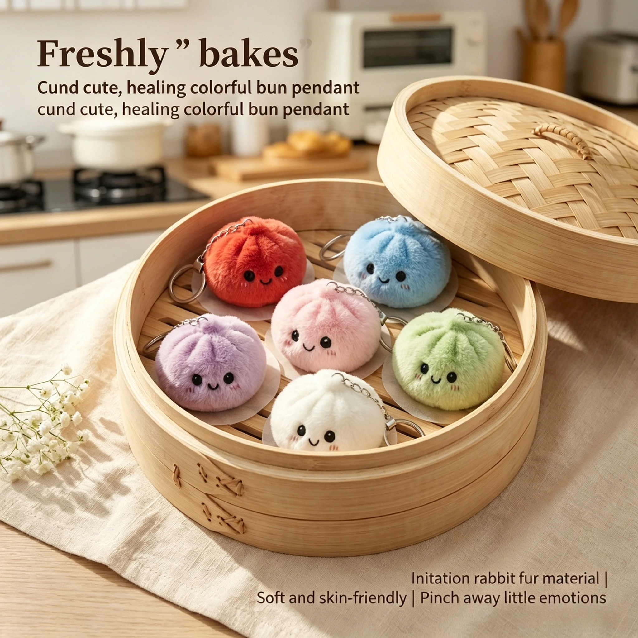 Cute Plush Steamed Bun Keychain, Kawaii Squeeze Fidget Toy, Soft Stuffed Dumpling Bag Charm, Anxiety Relief Plushie Pendant