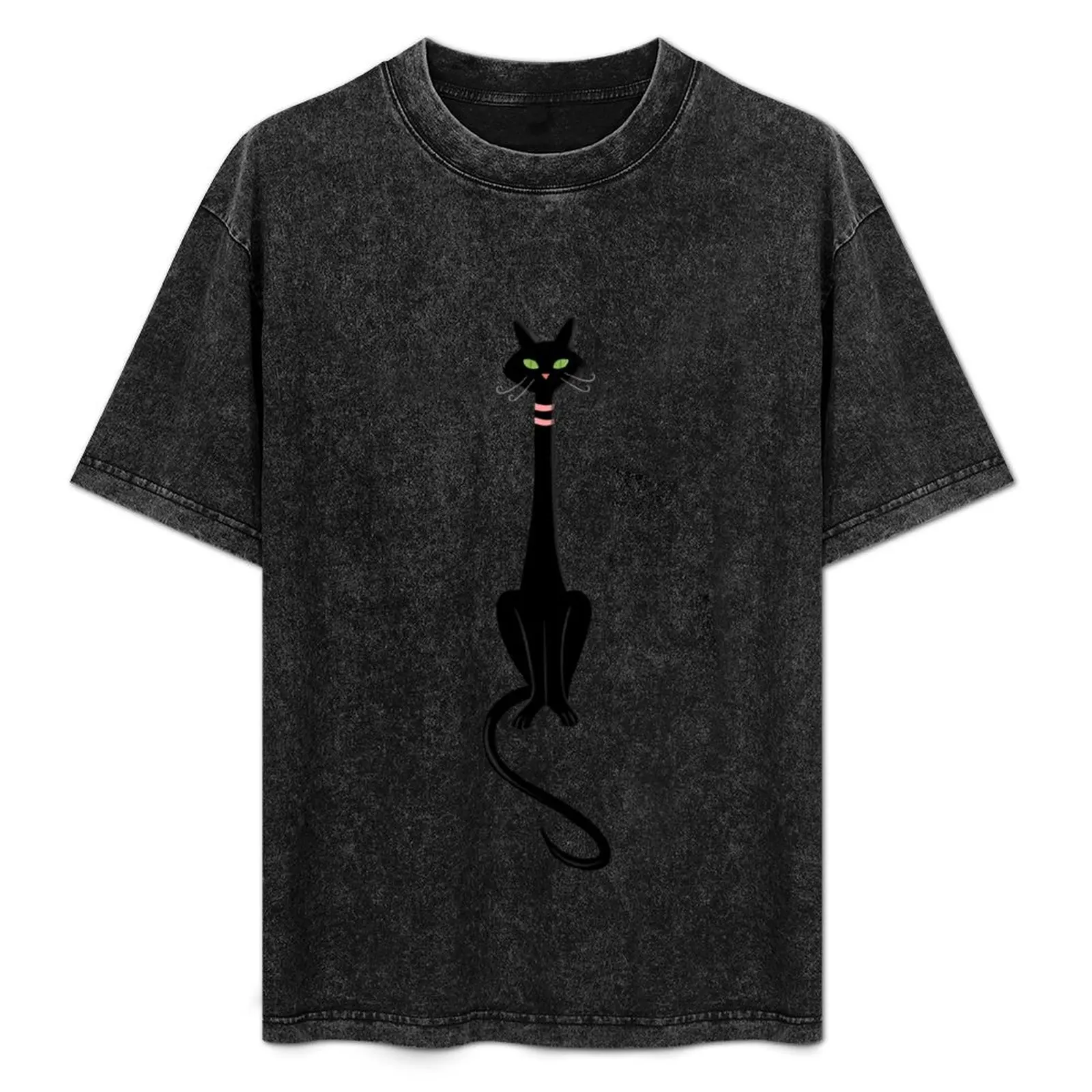

Midcentury Modern Black Kitty Cat With Green Eyes T-Shirt Soft Basic Cotton Short Sleeve Tee