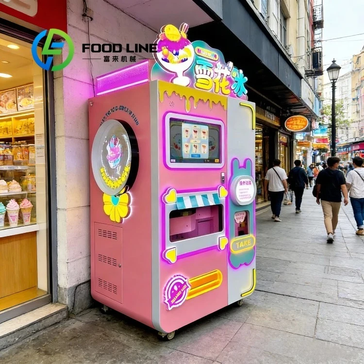 Snow Cone Vending Machine Designed For Roller Rink Venues Dispensing Skate Themed Icy Snacks With Neon Glow Cup Option