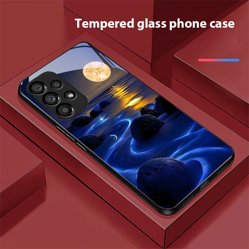 Big Window Powder For Samsung Galaxy S 8 9 10 20 Plus 21 FE 22 23 24 Ultra S7 Edge Black Tempered Glass Phone Case Hard Shell