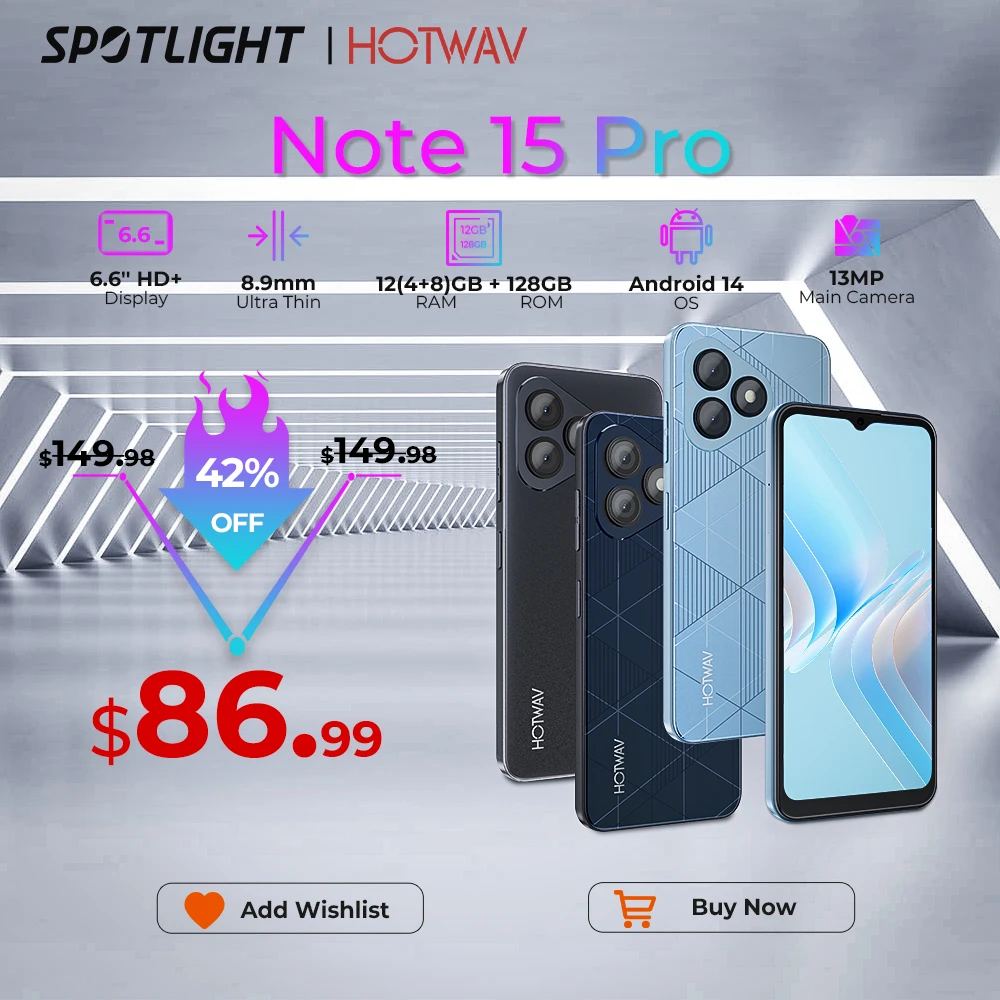 HOTWAV Note 15 Pro Telefono cellulare Android 14 6.6 ''HD+ 12(4+8)GB 128GB Cellulare 13MP 5160mAh 8.9mm Smartphone ultrasottile