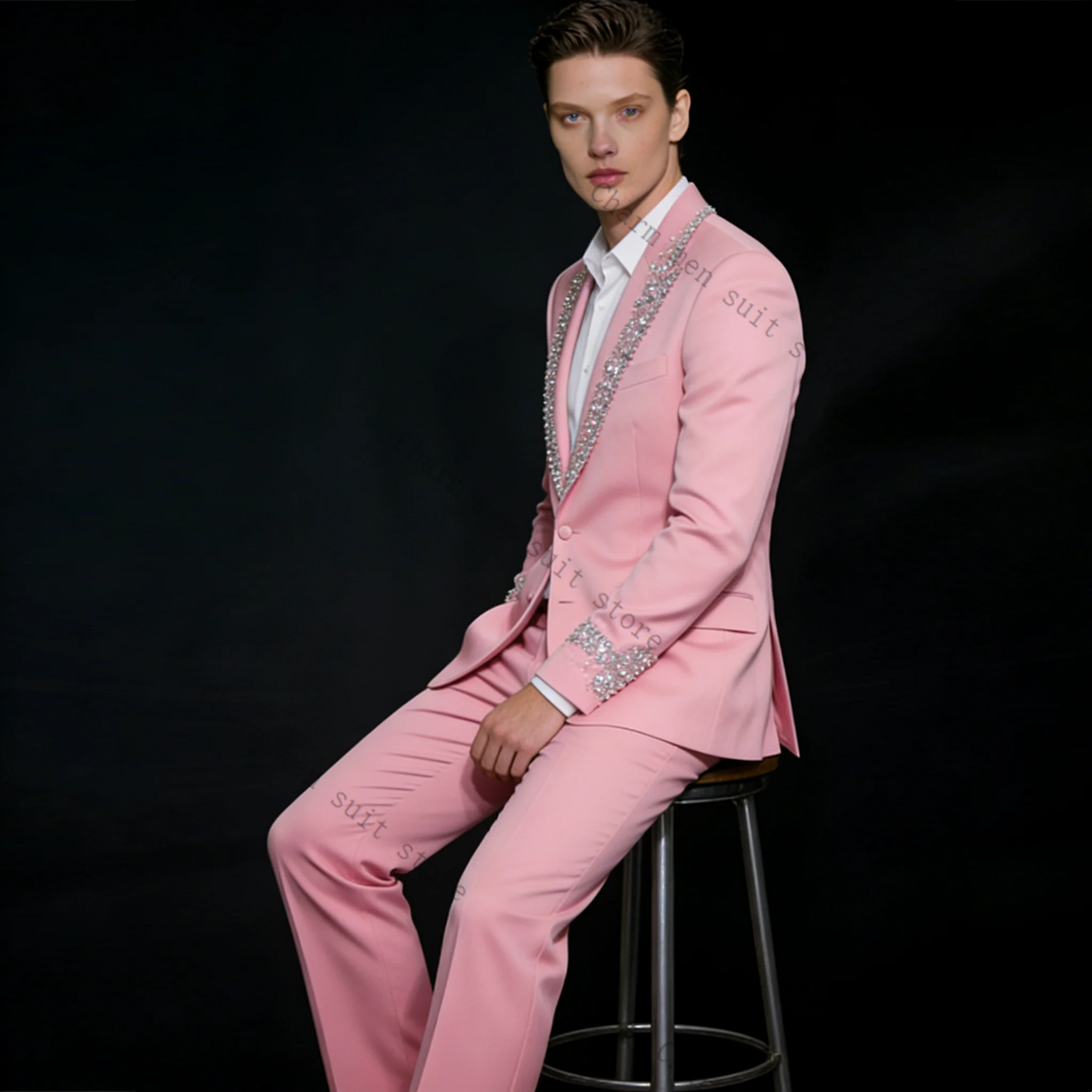 Glitter Pink Crystals Men Suits Set 2 Pcs Blazer+Pants Trousers Luxury Wedding Tuxedo Formal Office Business Groom Jacket Coat