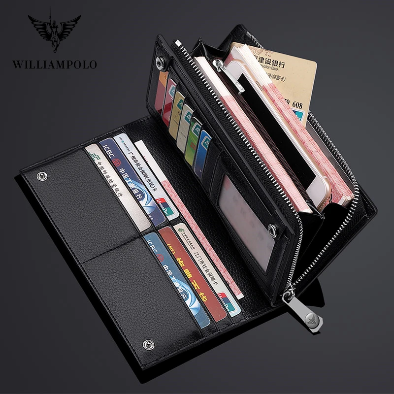 WILLIAMPOLO Men\'s Wallet Long Style 100% Cow Leather Fashion Business High Quality Clutch Wallet Card Holder Coin Zipper Purse