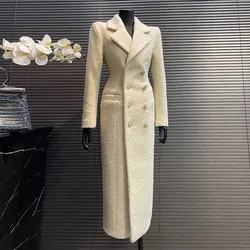 Elegant Women Thicken Tweed Jacket New Vintage Double Breasted Long Solid Woolen Coat Quality Autumn Winter Faux Wool Outerwears