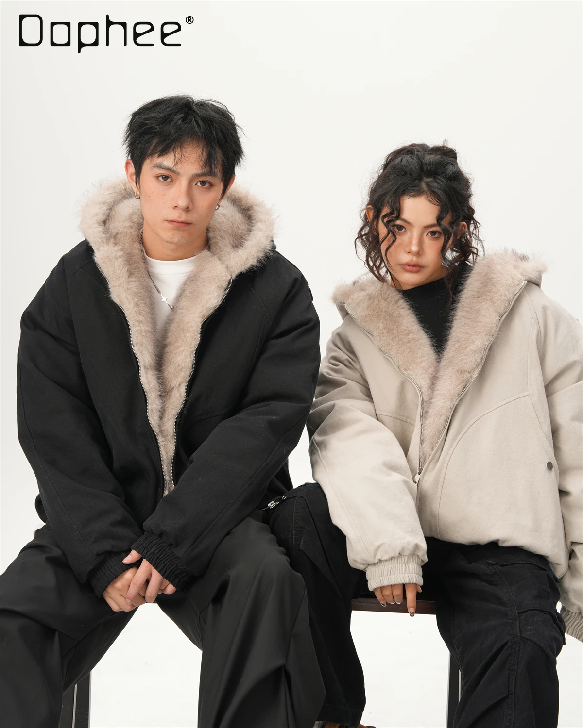

Winter American High Street Men's Fur Collar Black Hooded Cotton Jacket Couple Loose Fleece Thickened White Gray Short Parka