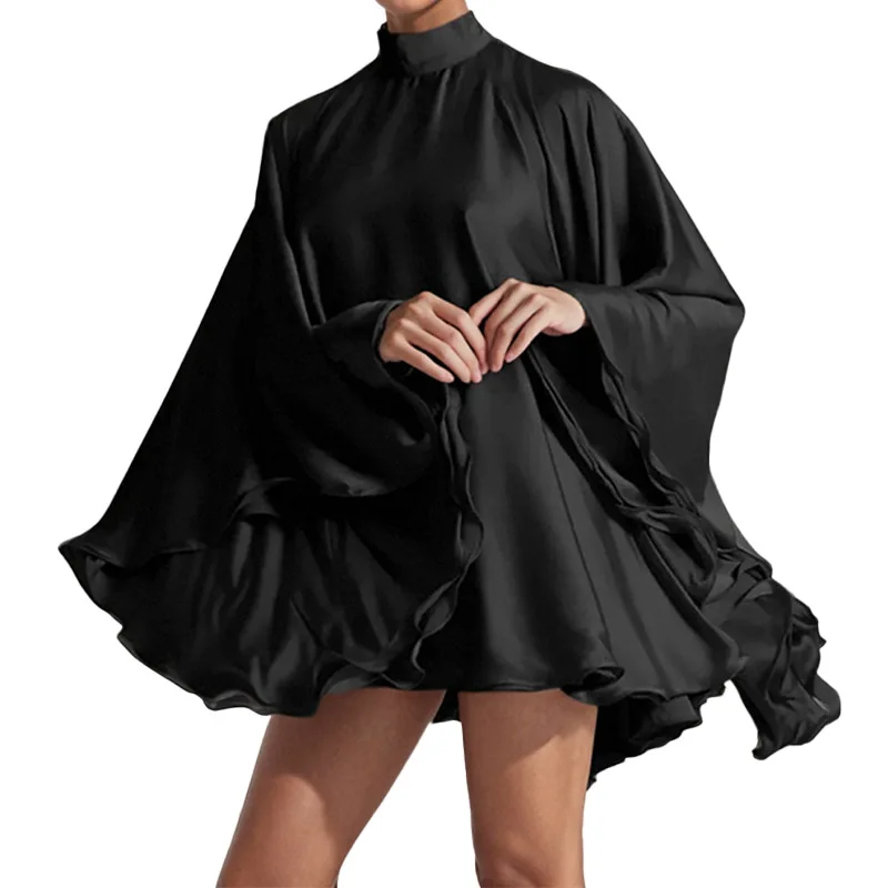 TOY-2025Spring New Women's Fashion Elegant Half-High Collar Ruffle Loose Dress