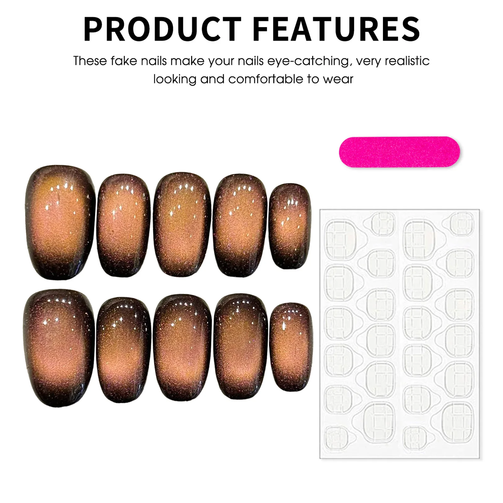 10pcs Handmade Short Oval Fake Nails Winter Brown Glitter Gradient Cat Eye Press On Nails Women Manicure Fashion False Nails