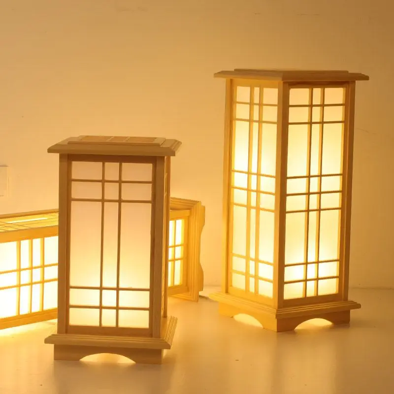 Japanese Wood Floor Lamp Modern Bedroom Bedside Lamp For Tea House Living Room Cafe LED Wooden Standing Lighting Square Design