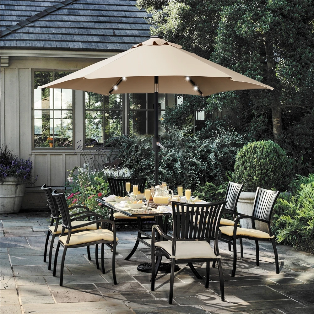 

6-Rib Solar LED Patio Umbrella with 18 Lights, Tan, 7.5ft
