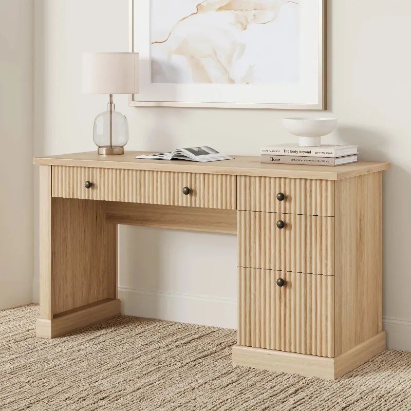 54 Inch Modern Office Desk, Wooden Fluted Executive Desk With Charging Station & File Drawers For Home Office