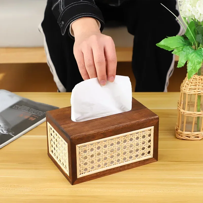 Solid Wood Living Room Tissue Boxes Natural Rattan Woven Napkin Holder Removable Paper Dispenser Exquisite Durable Home Supplies