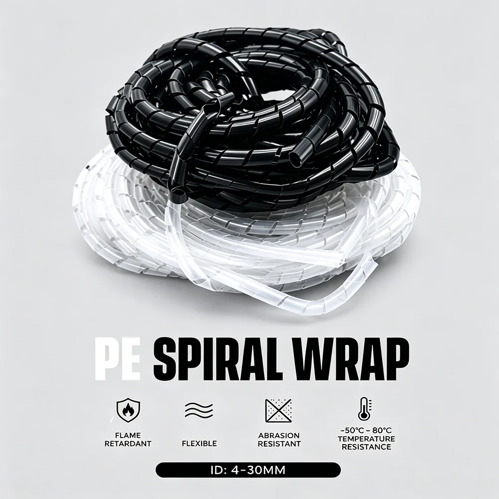 black/white PE spiral casing 4mm~30mm Acid and alkali resistant equipment cable protection harness sorting sleeve