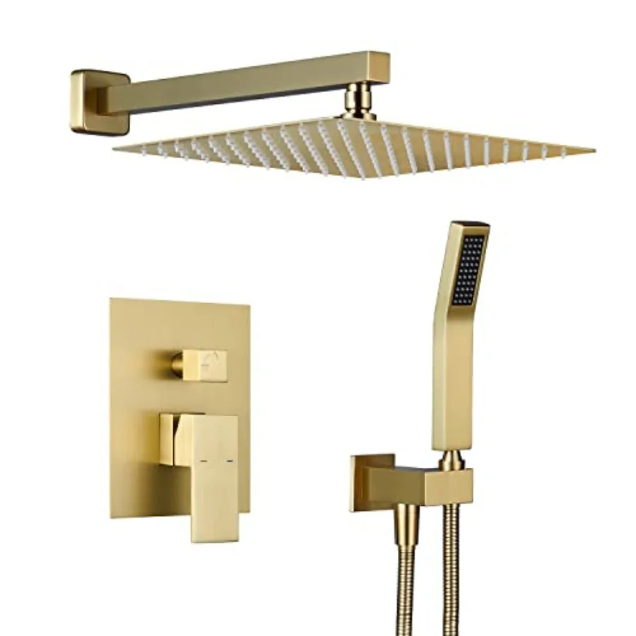

Rain Shower System for bathroom use, brass construction, brushed gold finish, 12-inch rainfall shower head with hand shower and