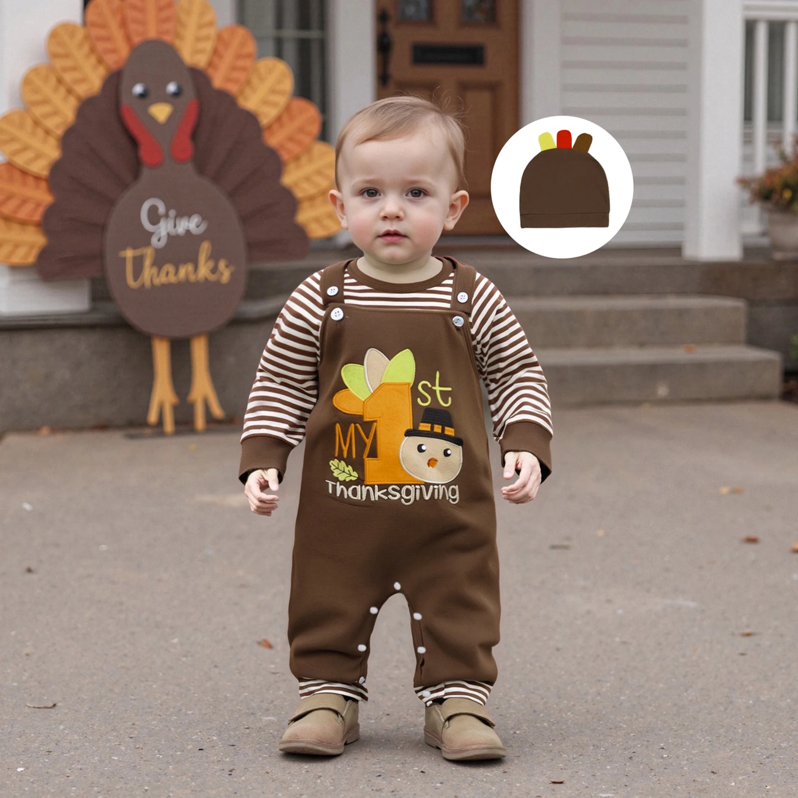 

Baby Clothing Boy Thanksgiving Outfit Stripe Print Long Sleeve Romper Turkey Embroidery Suspender Pants Hat 3Pcs Set