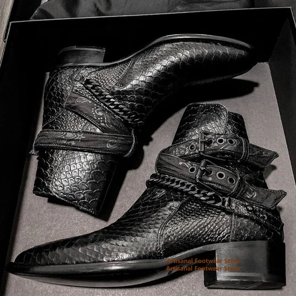 

Snake Pattern Chelsea Boots Metal Chain Buckle Strap Height Increasing Men's Boots Trendy Handmade Custom Stylish Men Boots
