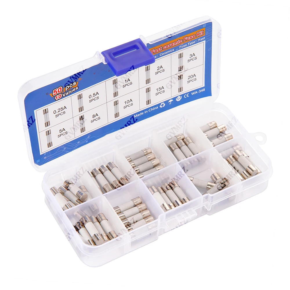 50pcs 5x20mm Ceramic Tube Fuse Assorted Kit Amp 3A 5A 8A 10A 15A 20A 250V with Storage Box 0.25A 0.5A 1A 2A  3A 5A 8A 10A 15A