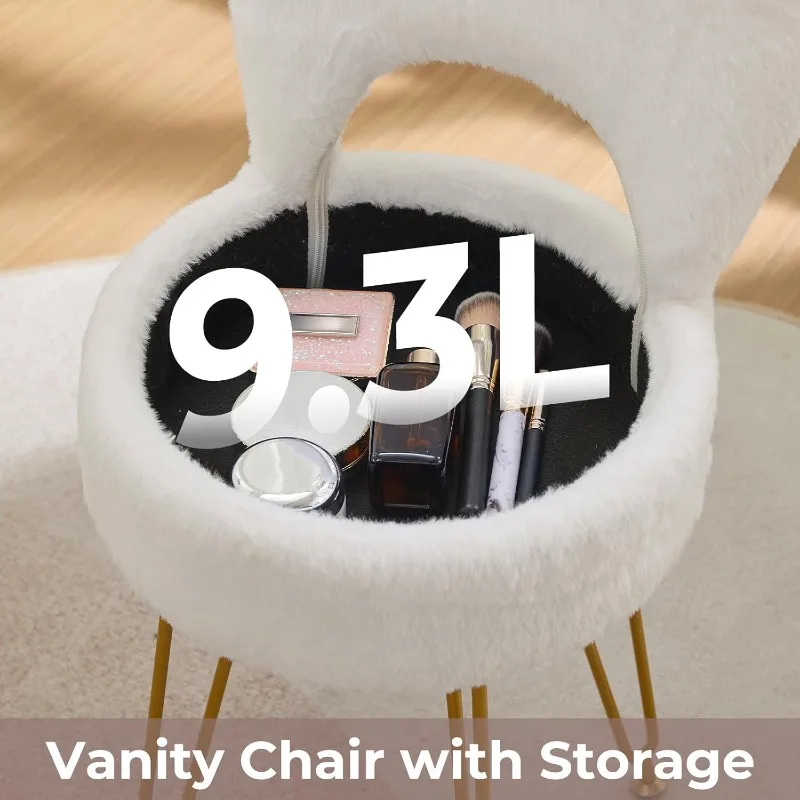 Faux Fur White Small Vanity Chair & Stool - Folding Back Storage Ottoman, Anti-Slip Golden V-Leg for Bedroom Makeup Room view 5