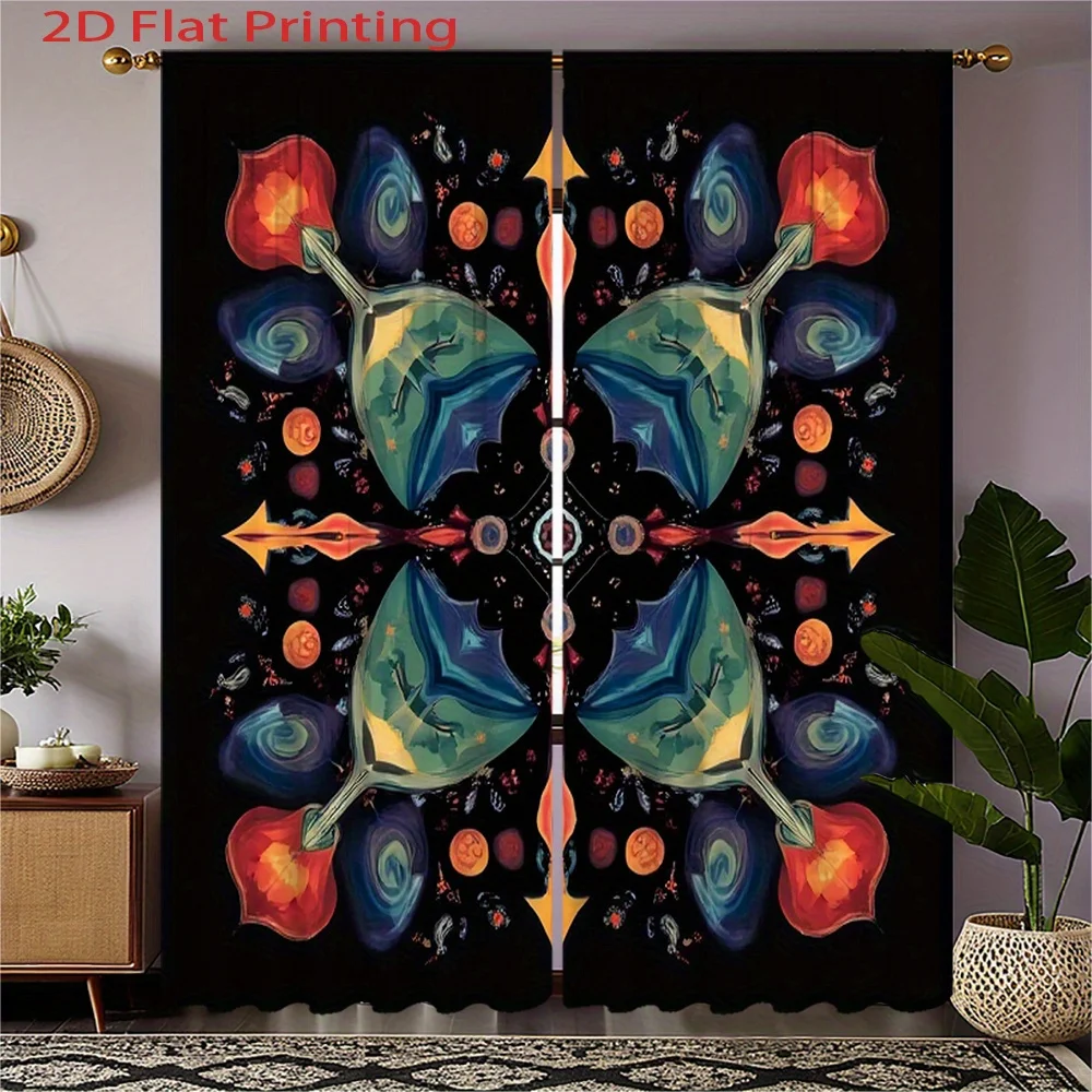 2pcs Modern Window Curtains - Semi-Sheer Privacy Drapes with Rod Pocket, Black Background & Multicolor Geometric Patterns