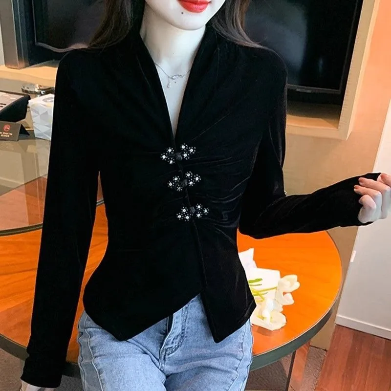 Bottoming Velvet Shirt for Women in Autumn Winter New Chinese Style Button V-neck Inner Top Shirt