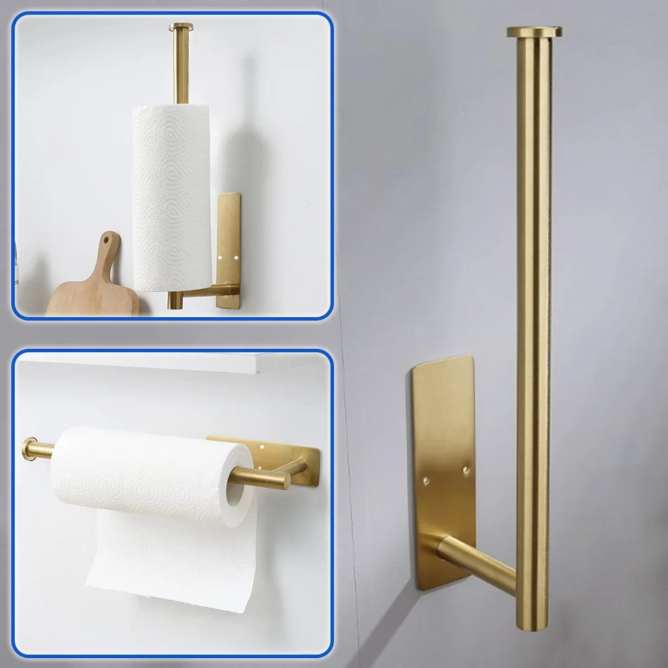 Adhesive Paper Holder 304 Stainless Steel Brushed Gold Black Bathroom Kitchen WC Paper Towel Rack Shelf Long Tissue Roll Hanger