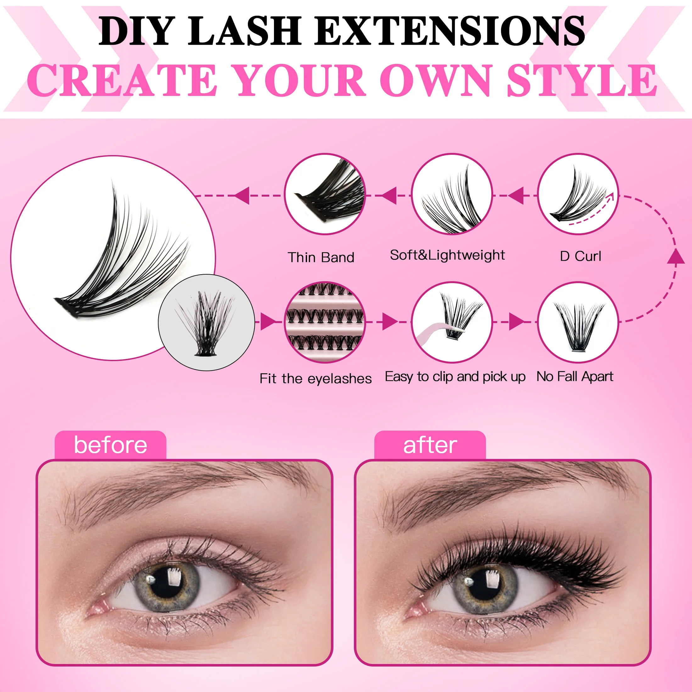 Lasvnna kit de clusters de cílios com retenção forte à prova d'água, kit de extensão de cílios diy, ligação e vedação e pinça de cílios, maquiagem