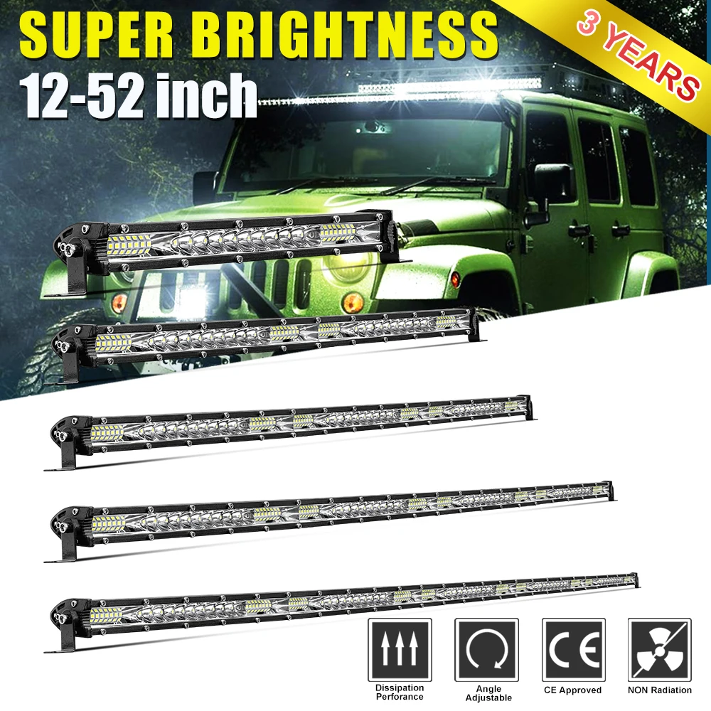 UNISHINE Super mince 12-52 pouces barre lumineuse de travail LED faisceau blanc 6000K 12V 24V Combo barre LED tout-terrain pour camions 4X4 UAZ hors route ATV