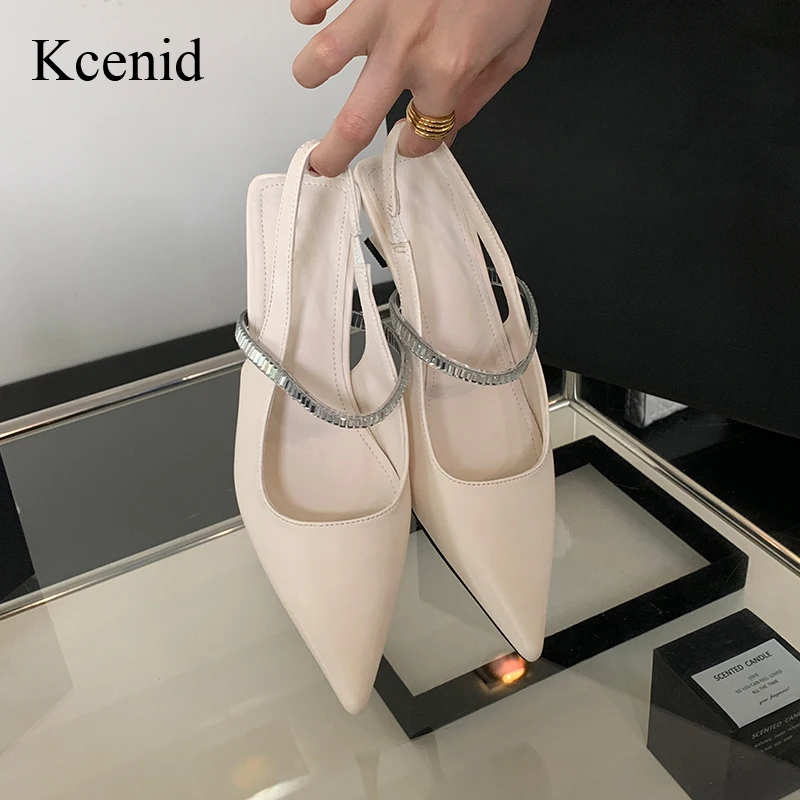 

Kcenid Summer New Crystal Rhinestone Narrow Band Fashion Pointed Toe Pumps Med Heels Sandals Women Elastic Band Slingbacks Pumps