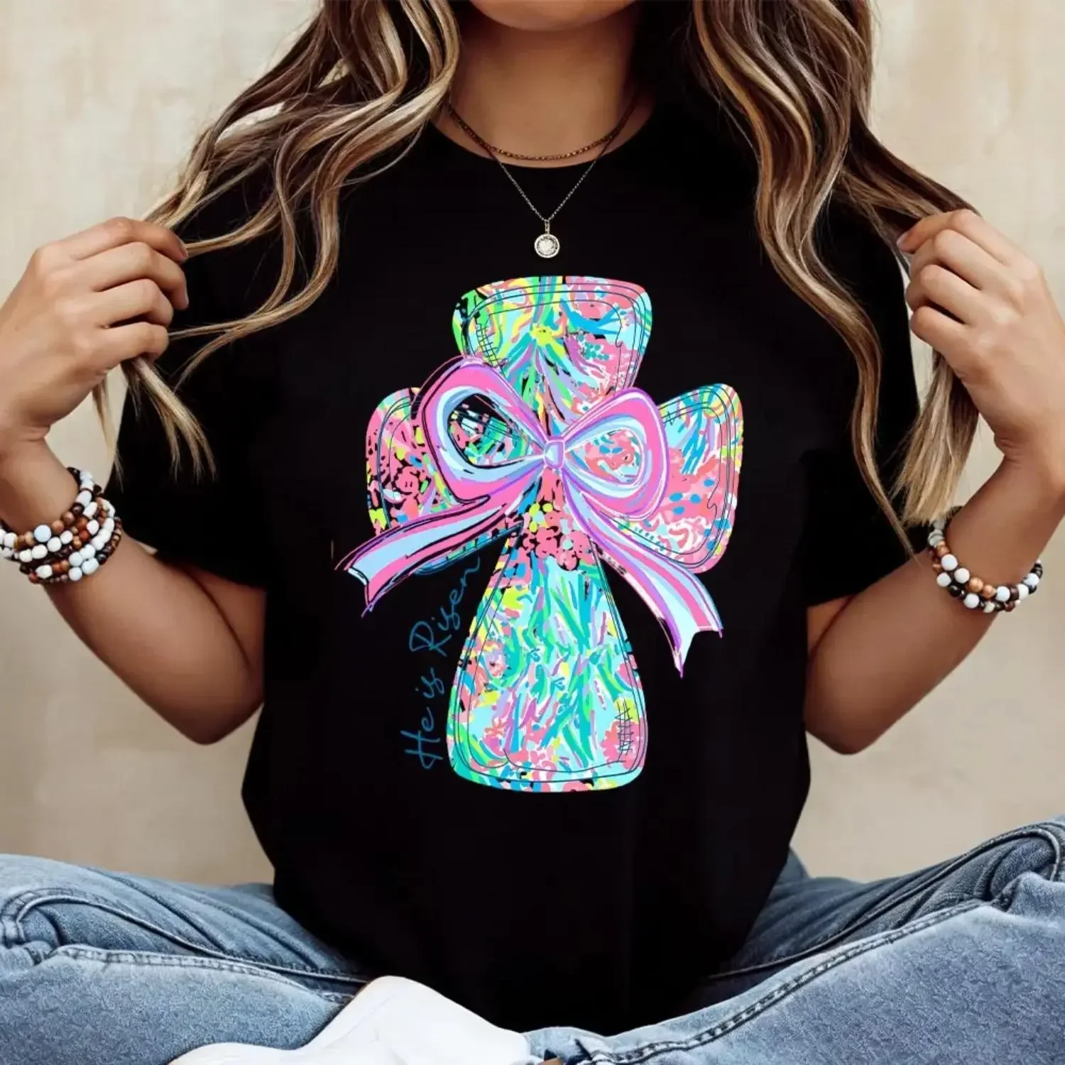 Casual Cotton Summer T Shirt Featuring Vibrant Cross and Bow Design With He Is Risen Printed Graphic Machine Washable