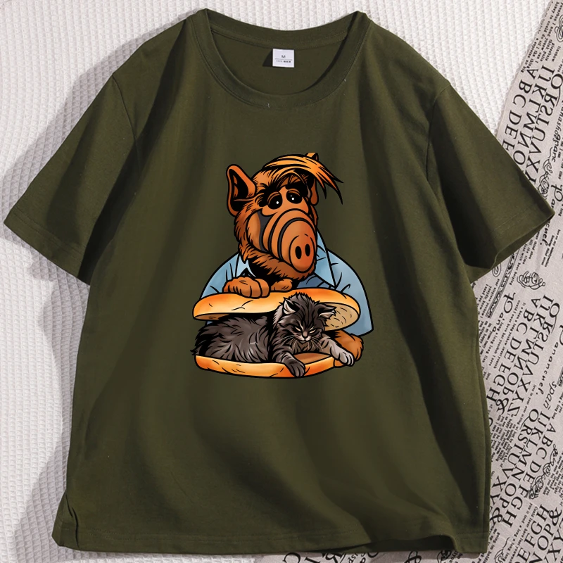 Funny Alf Eat Cat Tshirt Causal Round Neck Cotton Short Sleeve T-shirt Streetwear Men Women Loose Comfortable T Shirt Clothing