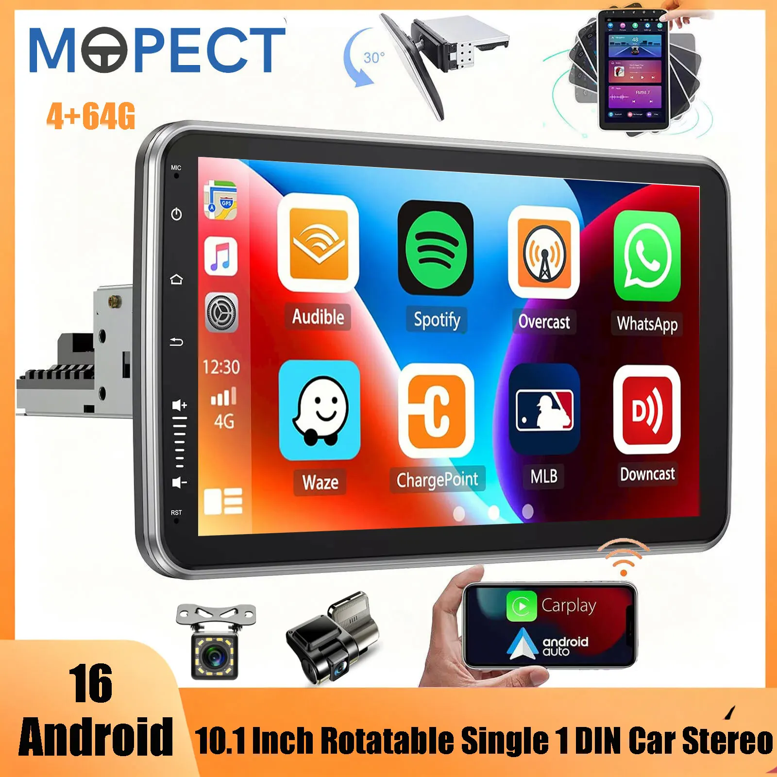 MOPECT 10,1 pouces Android 16 Universel Simple 1 Din 360 °   Autoradio multimédia rotatif 4+64G avec système intelligent, navigation GPS, unité centrale, autoradio WIFI, FM, RDS, SWC