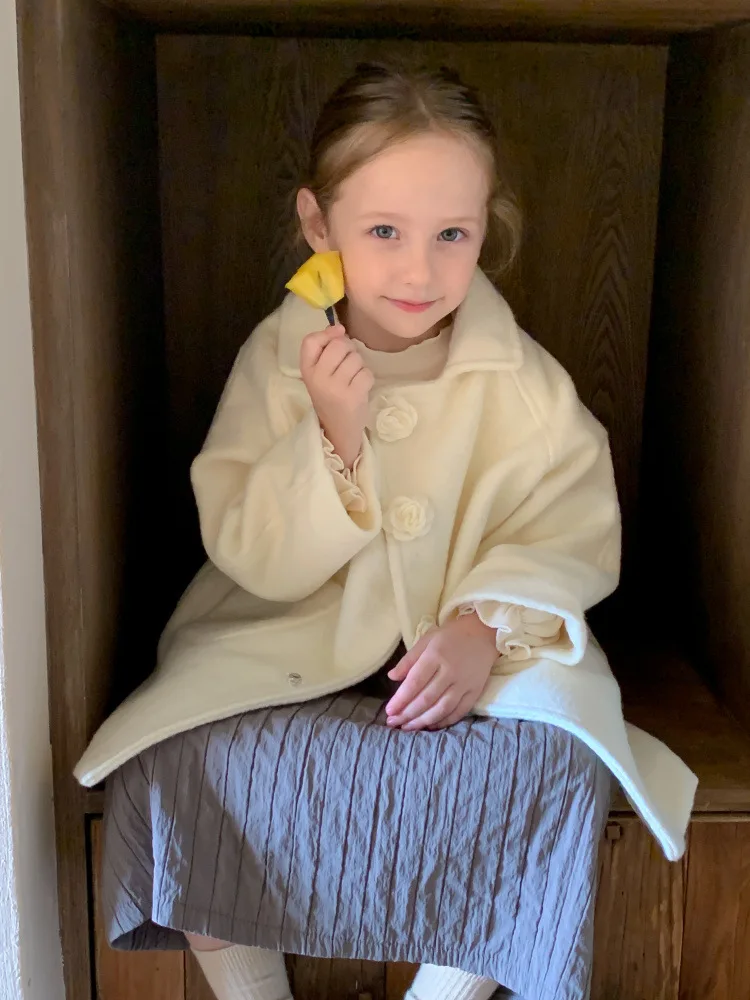 

Korean Girls' Wool Coat Autumn Winter New Fashionable Mid-Length Woolen Jacket for Children