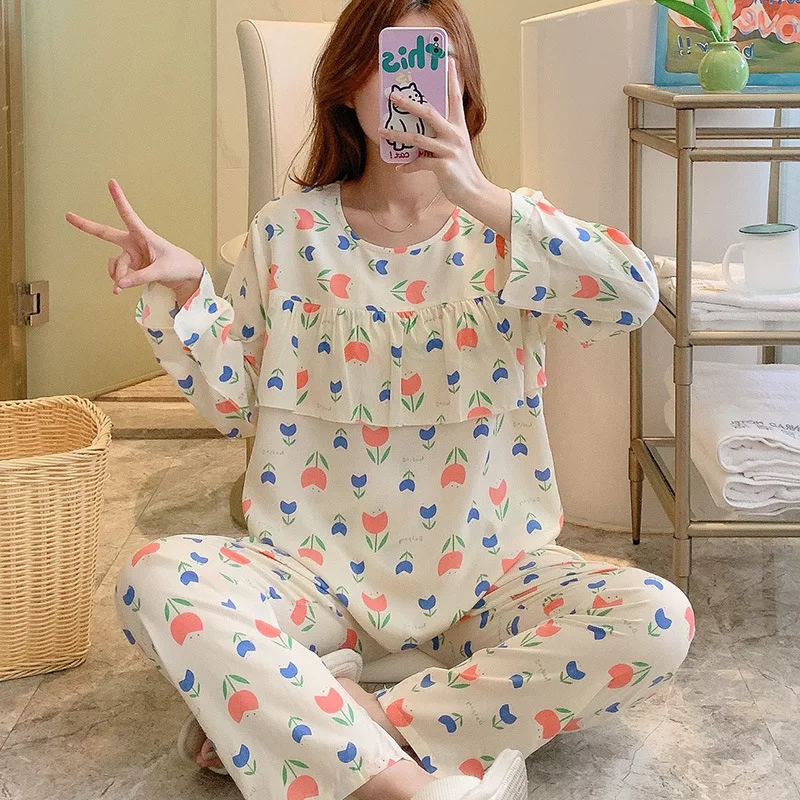 Large Size Viscose Long-sleeved Trousers Women Pajamas Set for Spring Summer Autumn Comfortable Cardigan Tops Ladies Sleepwear