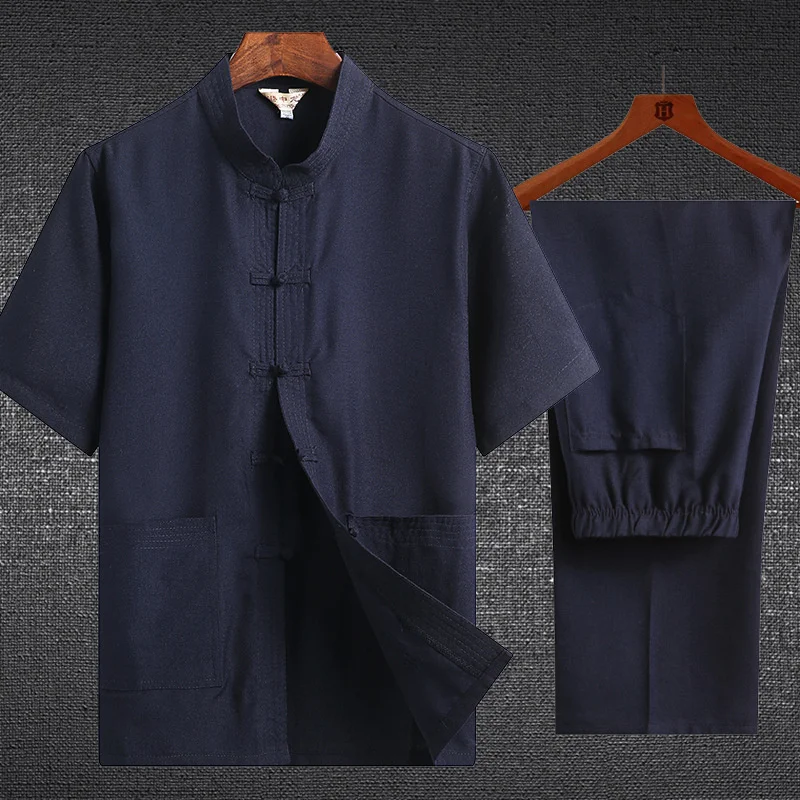 Costume Tang chinois à manches courtes pour homme, vêtement de couleur unie, en coton et lin, chemise Hanfu Kung Fu, Tai Chi, été