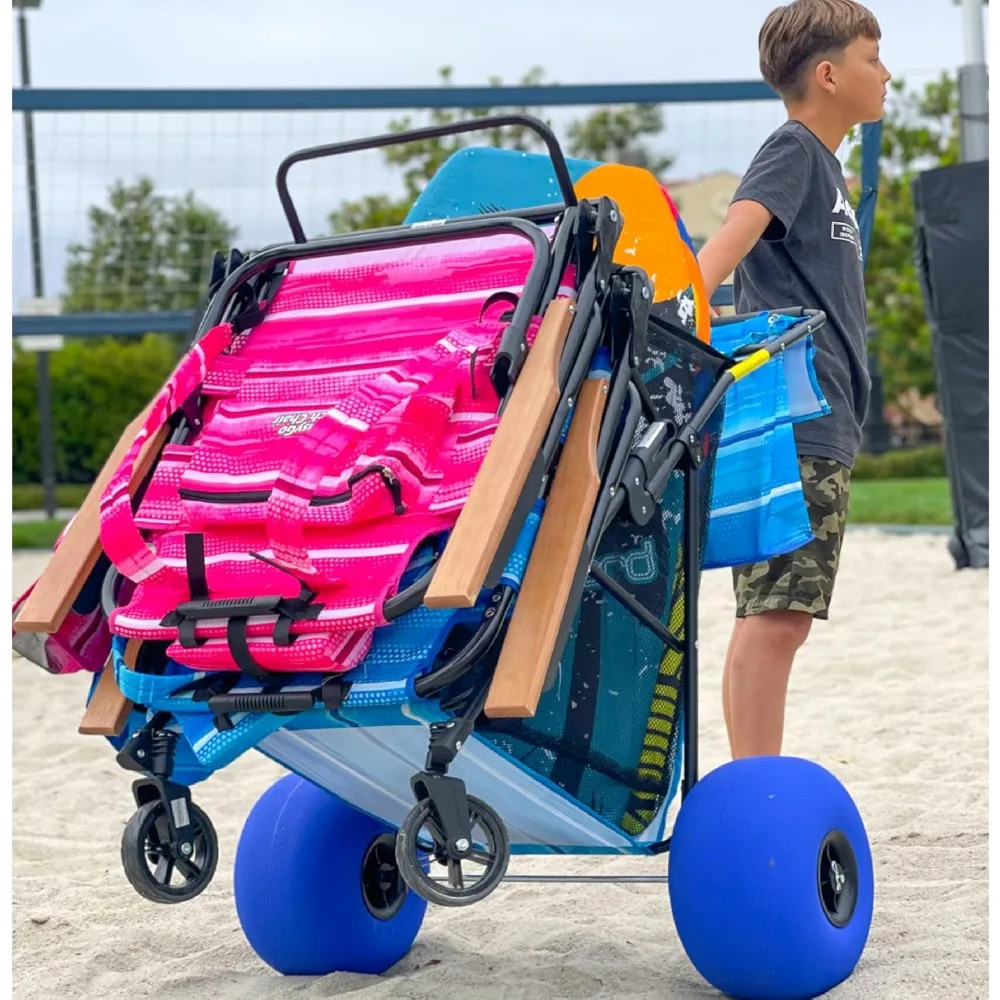 Heavy-Duty Folding Beach Cart with Sand Wheels, Holds 4 Chairs, Umbrella Holder, Ocean Utility, 13 x 7 Deluxe Beach Equipment