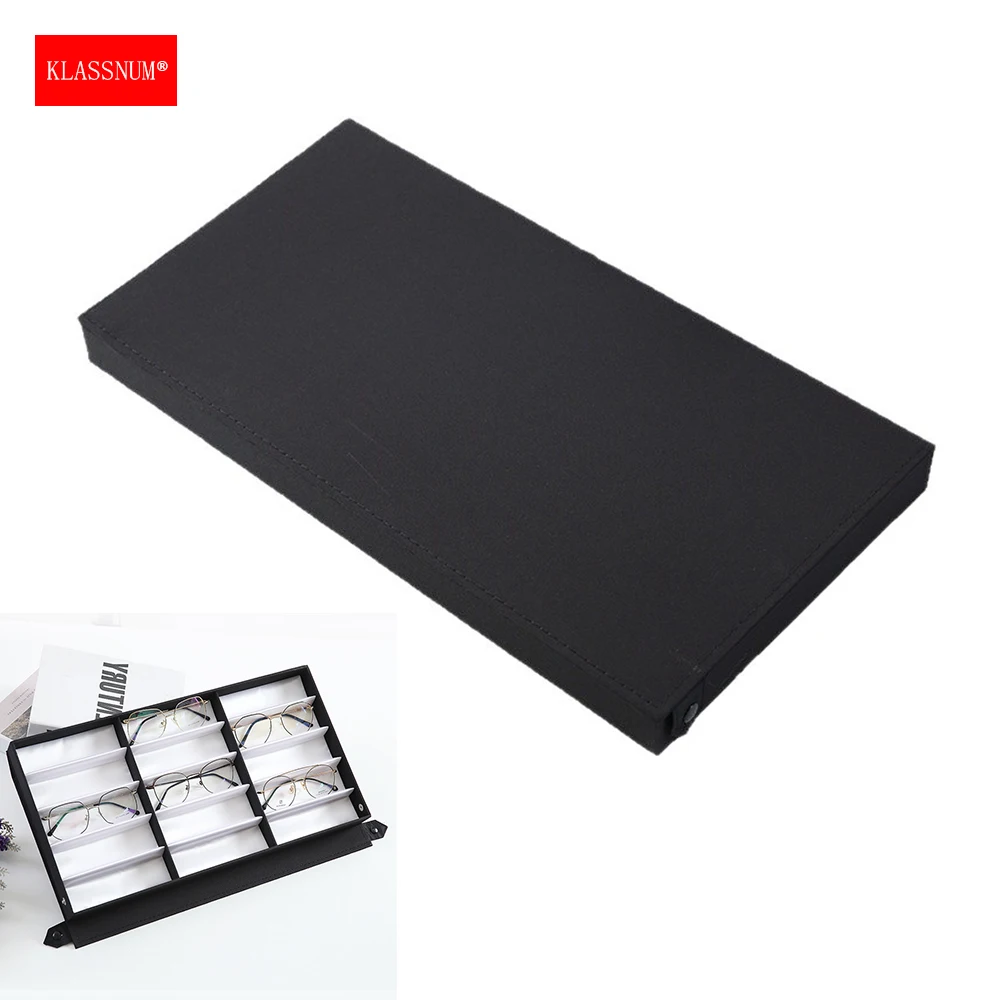 KLASSNUM 15-Slot Glasses Display Black Box Textile Lined Oxford Cloth Wood Case Home Sunglasses Reading Glasses Storage Box