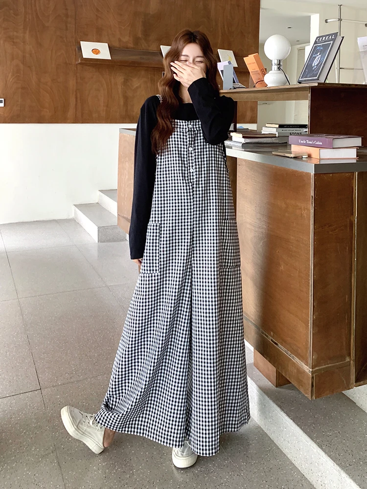 Retro Koreańskie Spodnie w Kratę z Szerokimi Nogawkami Damskie Jesienne Nowe Eleganckie Luźne Spodnie Jednoczęściowe z Wysokim Stanem Długie Spodnie