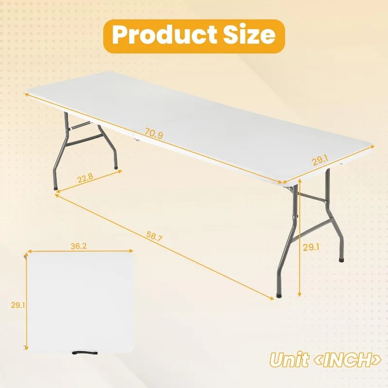 

6FT Folding Table, Portable Fold-in-Half Plastic Picnic Party Table with Carrying Handle (White