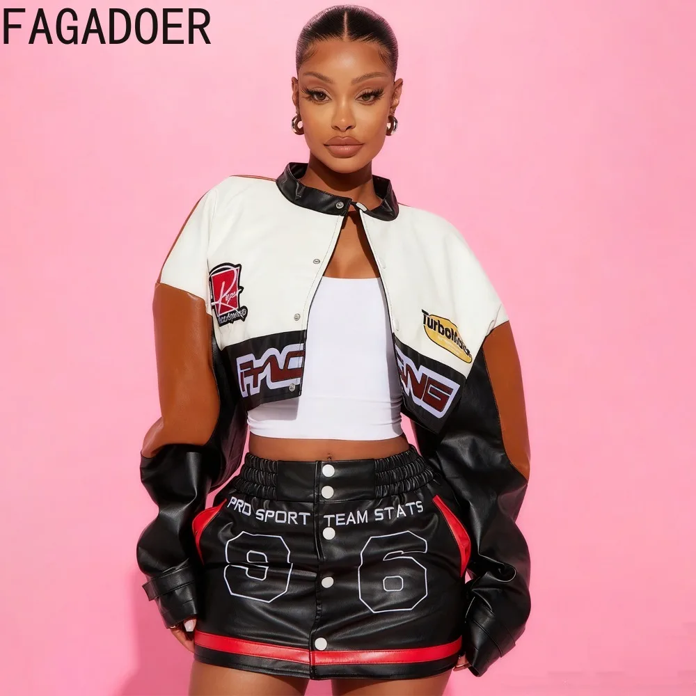 FAGADOER Fashion Letter Leather Patchwork Two Piece Outfits Woman Color Block Long Sleeves Crop Top and Skirt Female Streetwear