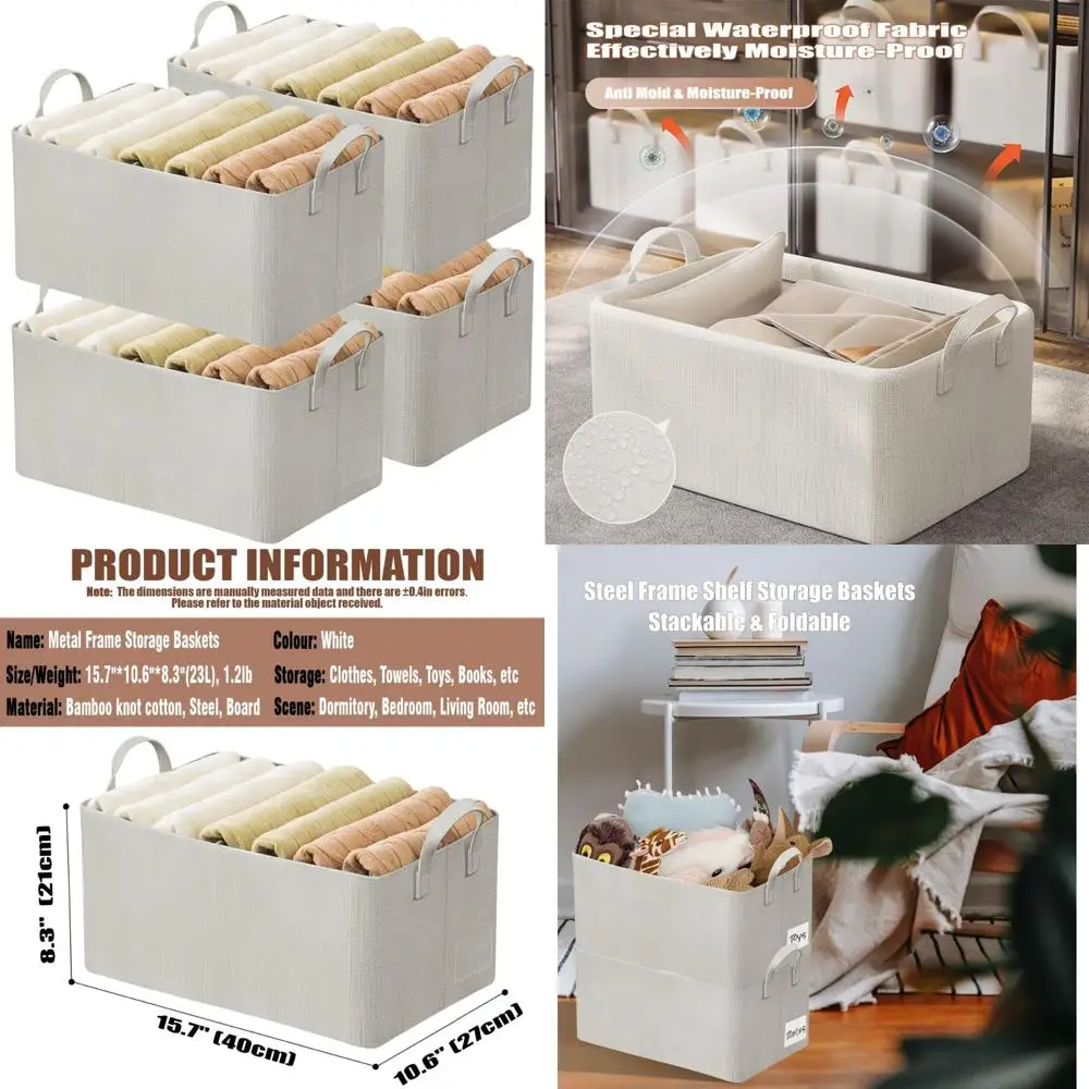4-Piece Fabric Wardrobe Organizer with Handle, Stackable Steel Frame Storage Baskets for Clothes