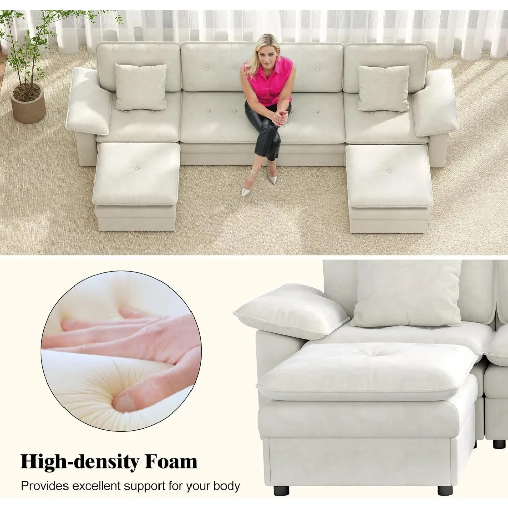 أريكة مقطعية على شكل حرف U مكونة من 6 مقاعد مع رغوة ذاكرة عالية الكثافة لمقعد مريح في غرفة المعيشة، وحدات كبيرة الحجم مقاس 117 بوصة #3