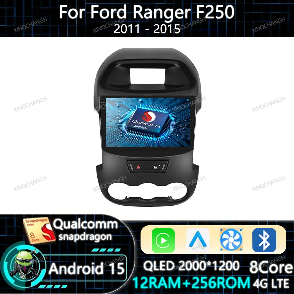 Rádio Automotivo Android 15 com Carplay Auto para Ford Ranger F250 2011-2015, Central Multimídia Qualcomm com Navegação, Bluetooth, 4G LTE, 5G WIFI, GPS, QLED 2DIN