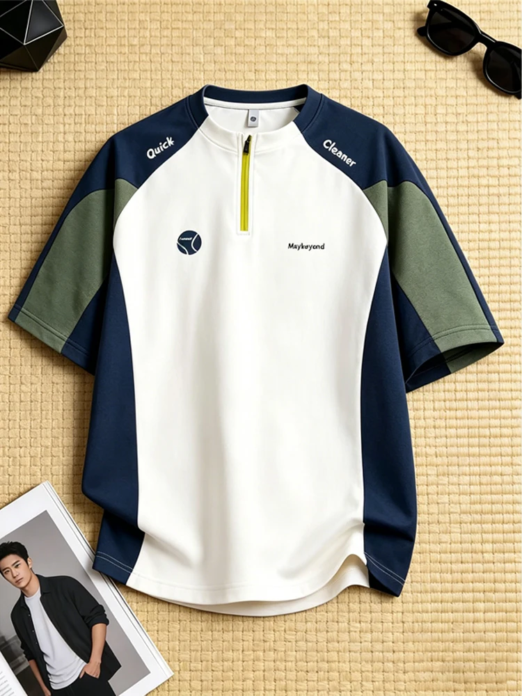 

Men's Short Sleeve T-Shirt Half Zip Quick Dry Running Badminton Sportswear Mountain Series Outdoor Clothing Contrast Color Cy...