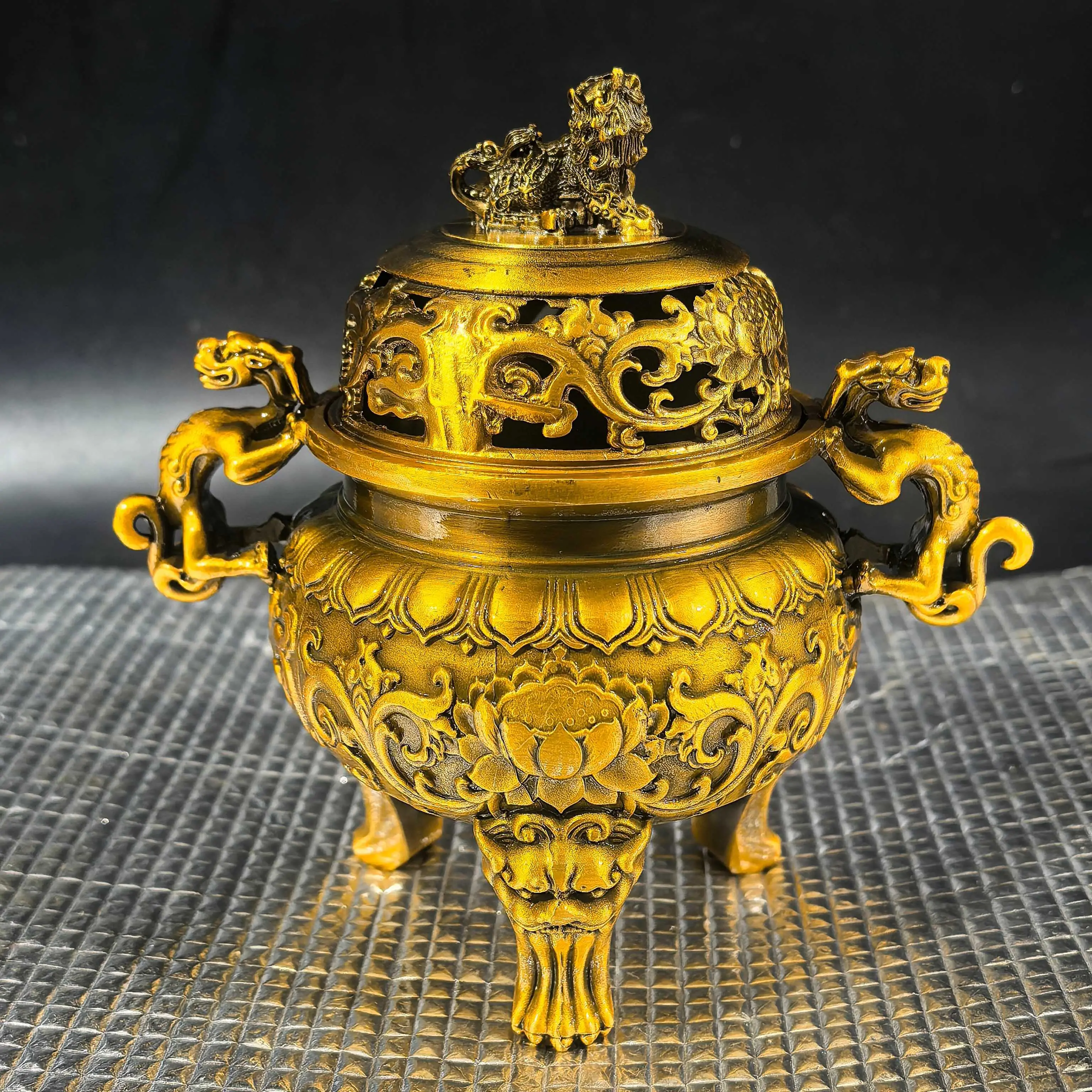 Antique pulp-coated alloy copper peony flower burner incense burner ornament, double dragon beast ear burner, three-foot tripod