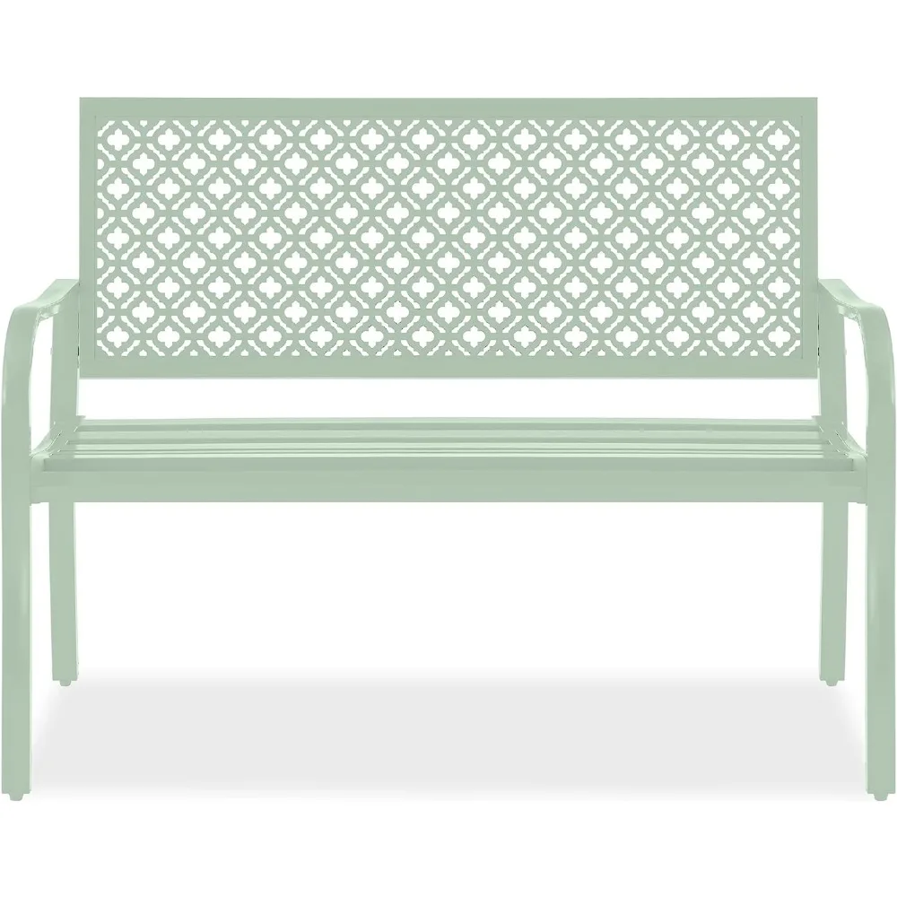 Patio Benches 2-Person Metal Steel Benches Furniture for Garden,  Porch, Entryway w/Geometric Backrest, Mint Green Patio Benches